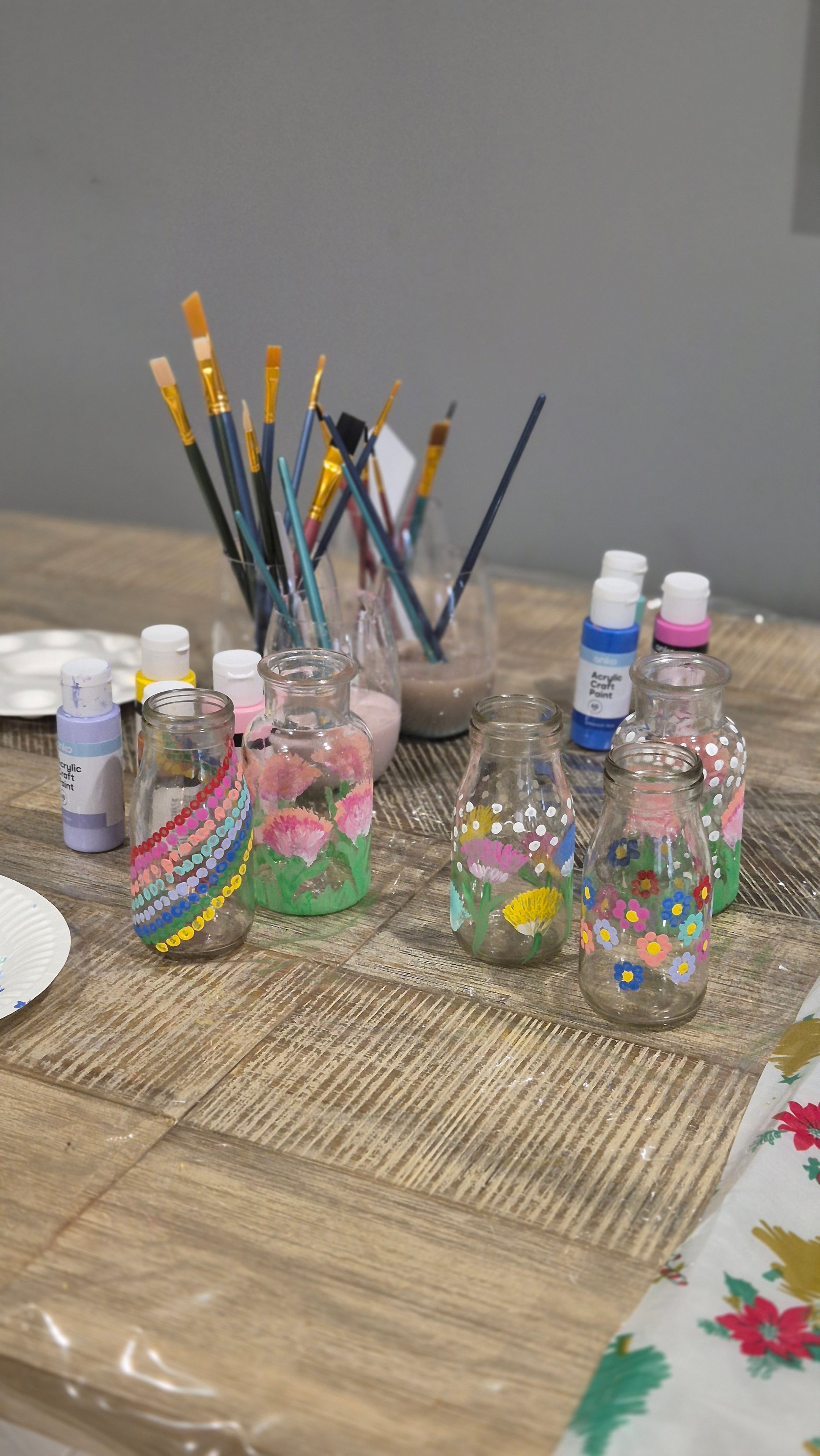 Painted glass jars with flowers craft supplies