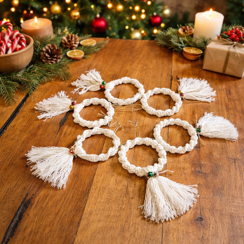 Handmade macramé ornaments festive holiday display
